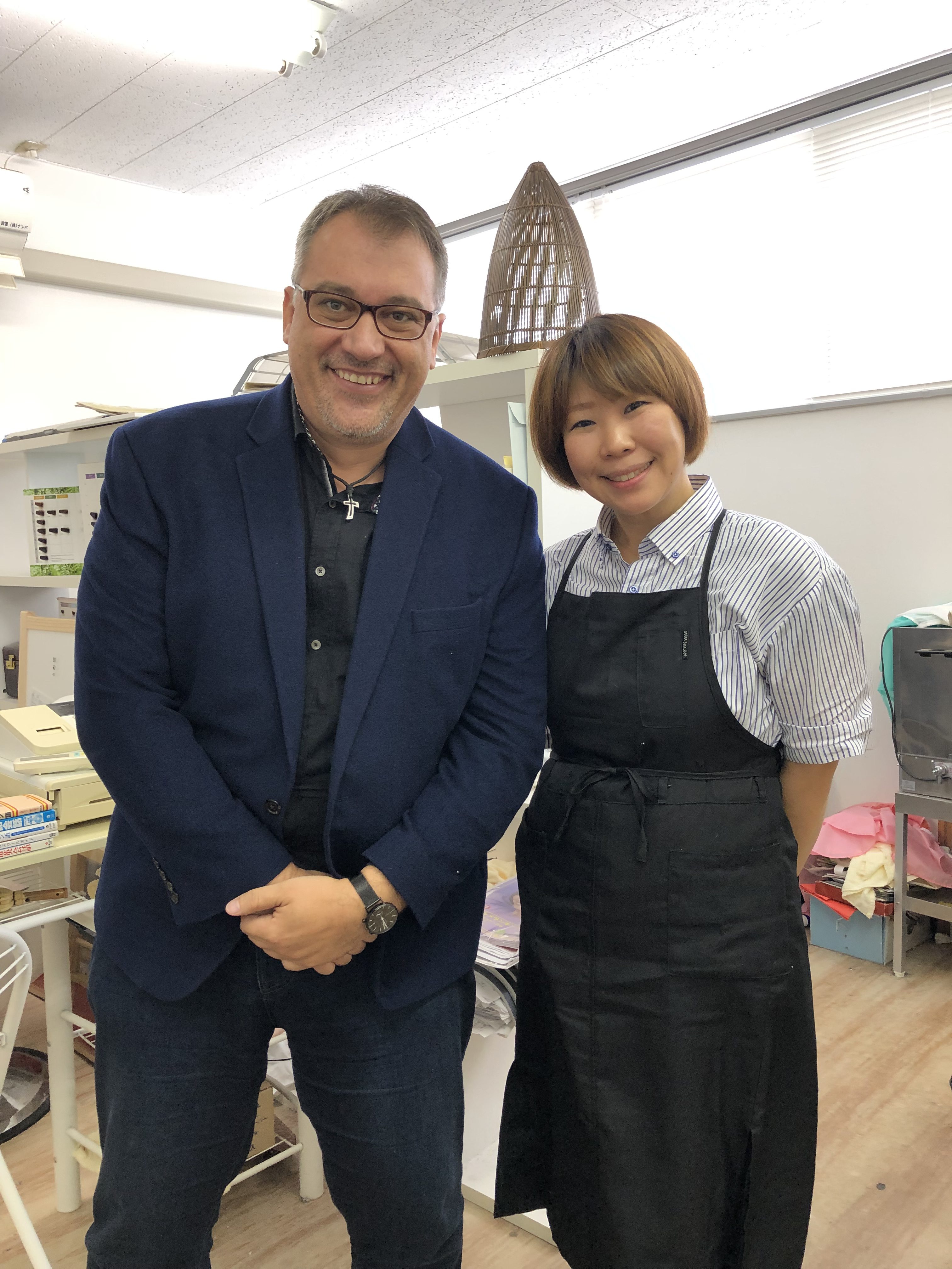 Hisae Fukazawa with Christian Vlad, a professor at NUT and a regular customer at Fukazawa's salon at the university.